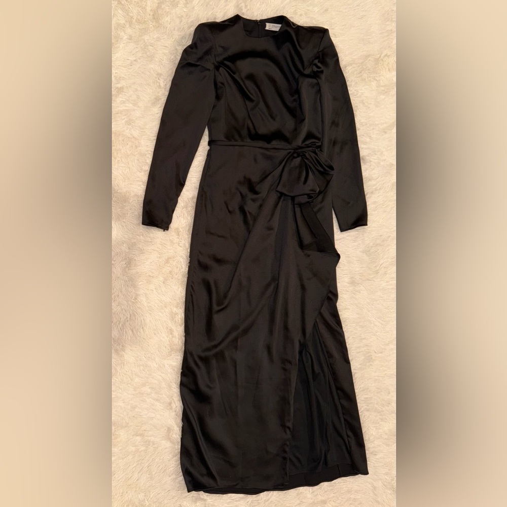 NWOT Mac Duggal Black Satin Bow Long Sleeve padded shoulder Column Gown sz 10 - Picture 3 of 6